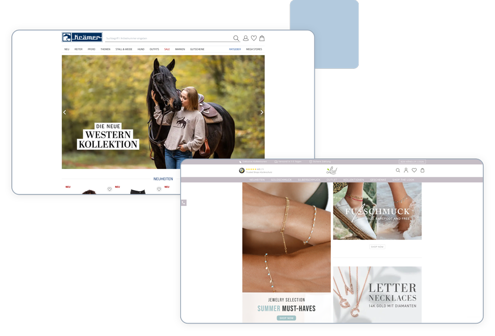 Screenshots von den Onlineshop-Startseiten von Krämer Pferdesport und Leaf Schmuck.