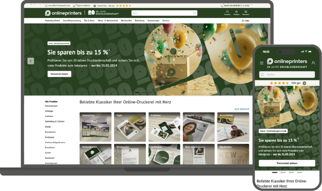 Screenshots der Startseite vom Onlineshop von Onlineprinters auf Desktop und Smartphone.