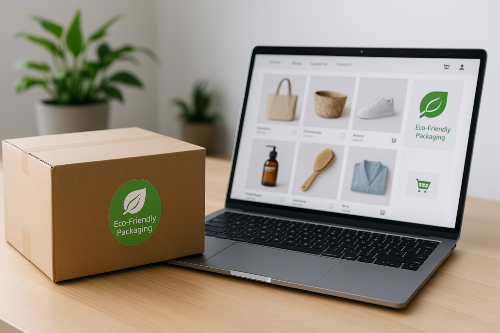Fotorealistische Szene eines modernen Arbeitsplatzes mit einem geöffneten Laptop, auf dessen Bildschirm ein Onlineshop mit nachhaltigen Produkten zu sehen ist. Daneben steht ein großer Versandkarton mit dem Aufdruck ‚Eco-Friendly Packaging‘ auf einem hellen Holztisch. Eine kleine Zimmerpflanze im Hintergrund rundet das natürliche Ambiente ab.